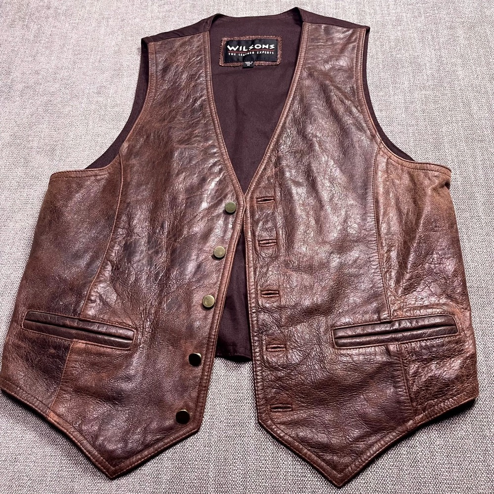 Wilsons Leather Experts Leather Vest Mens M Brown Button Front Rustic Western